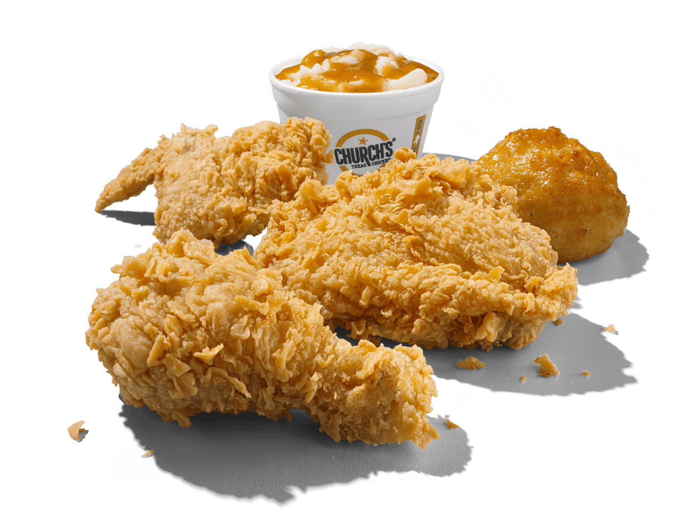 Church's Texas Chicken delicious fried chicken meal featuring crispy chicken pieces and sides